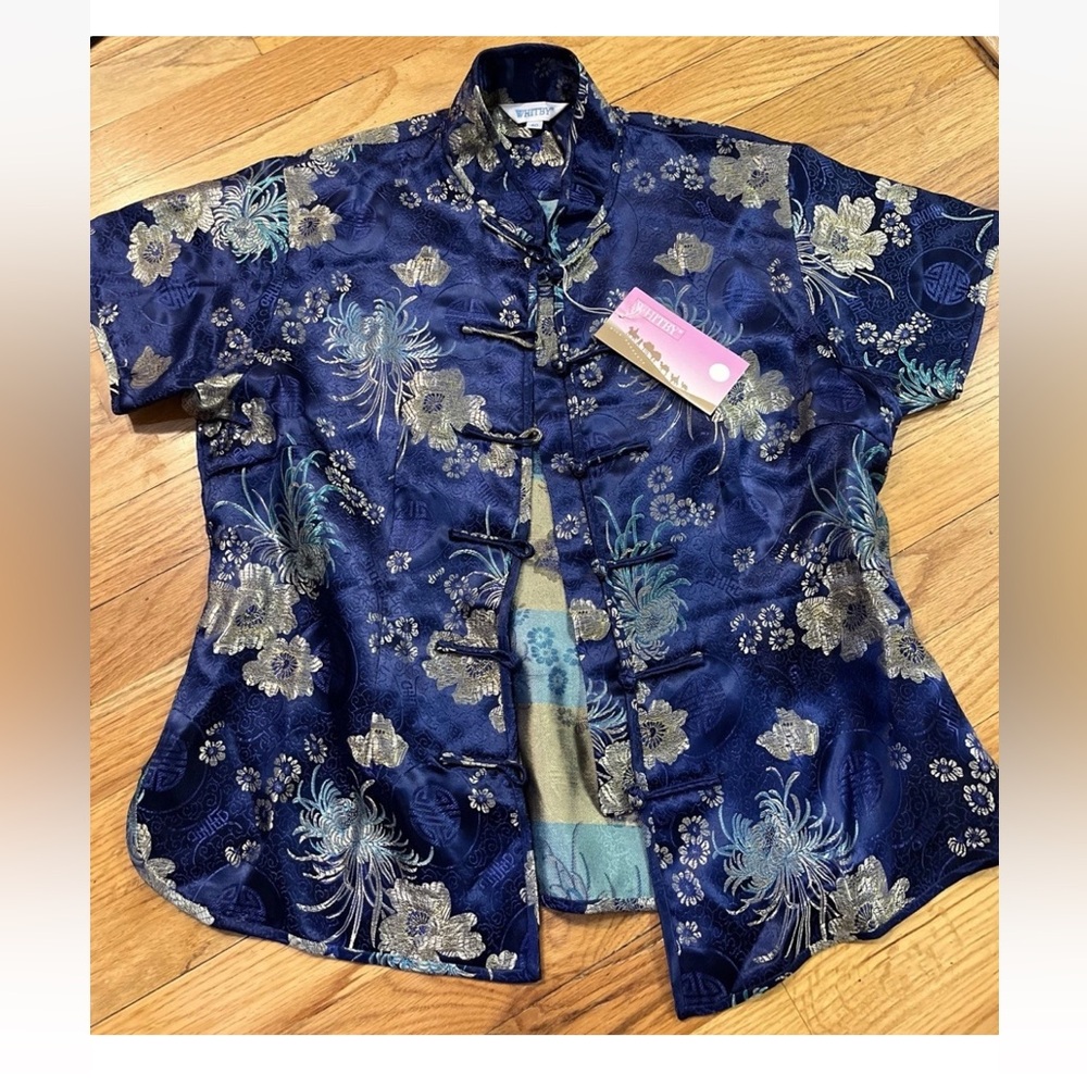 Vintage NWT Whitby Chinese Satin Embroidiered Blouse S/M 40 Floral Blue Gold